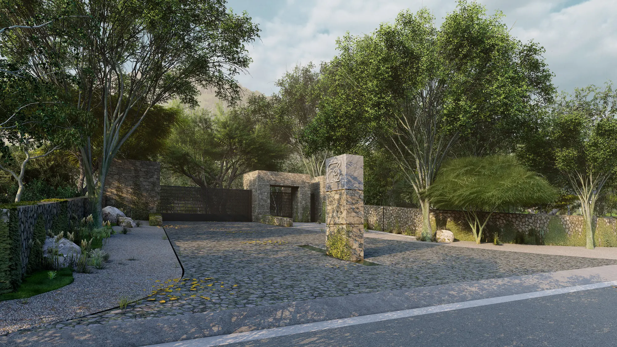 Stone main entrance surrounded by vegetation