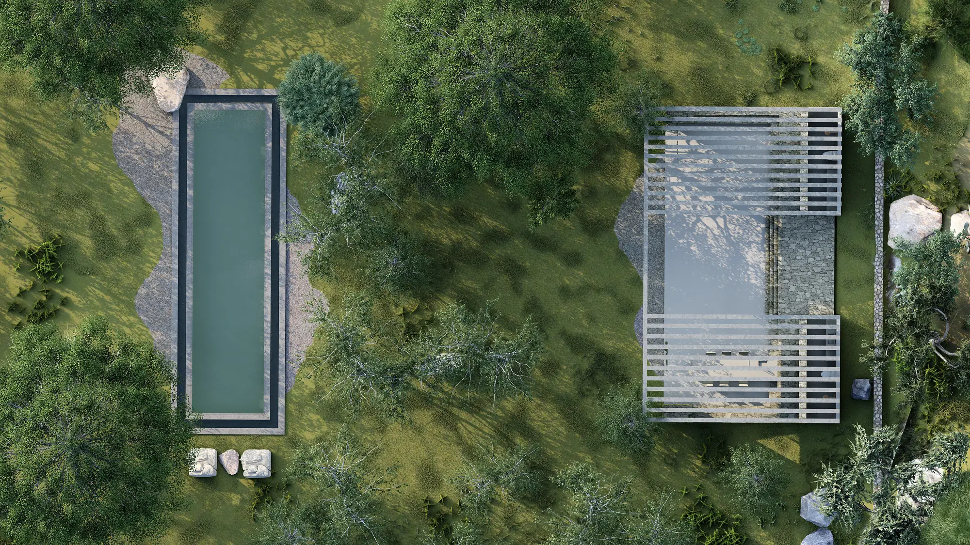 Overhead view of the pool and pavilion among the vegetation
