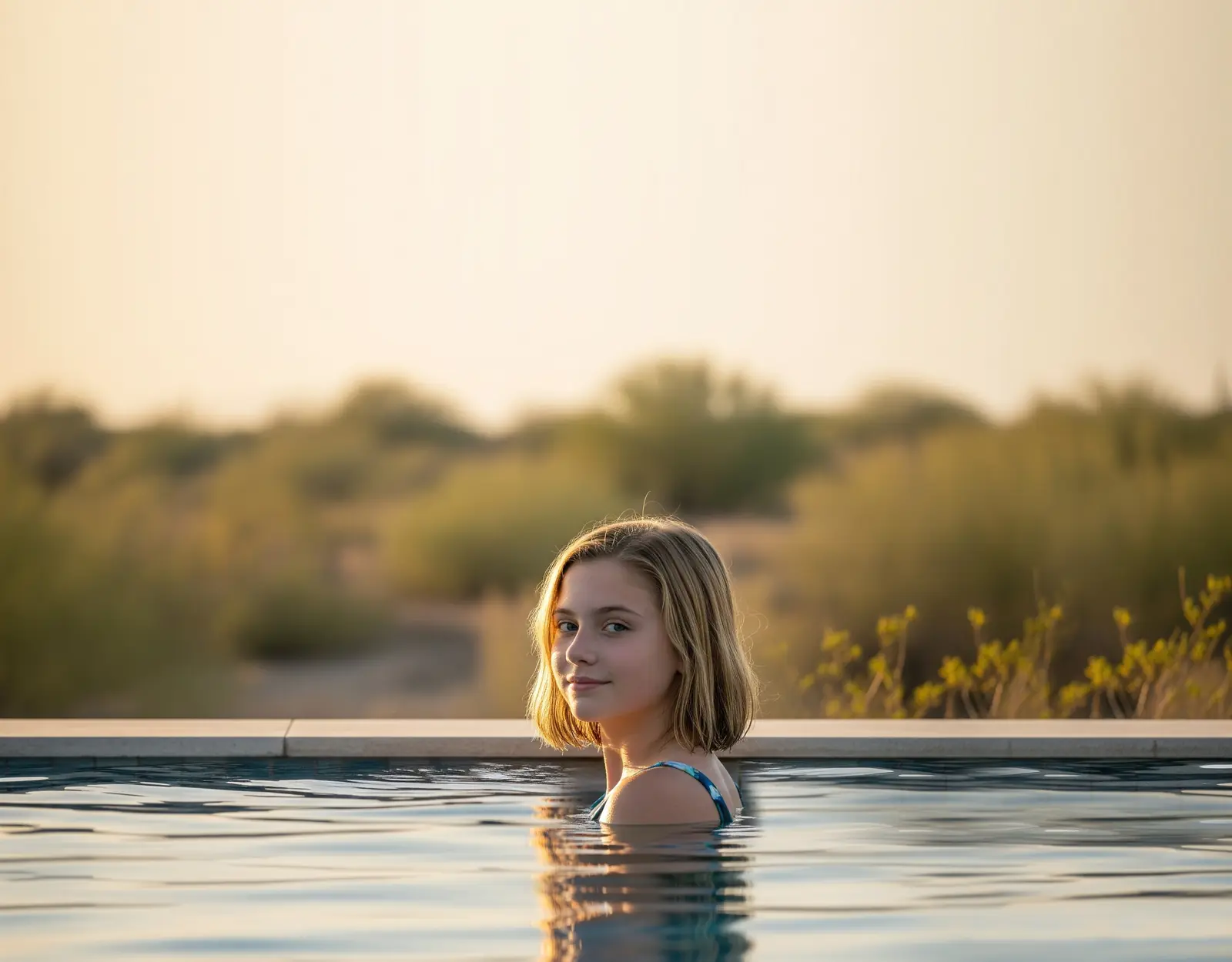 Person relaxing in the pool at sunset