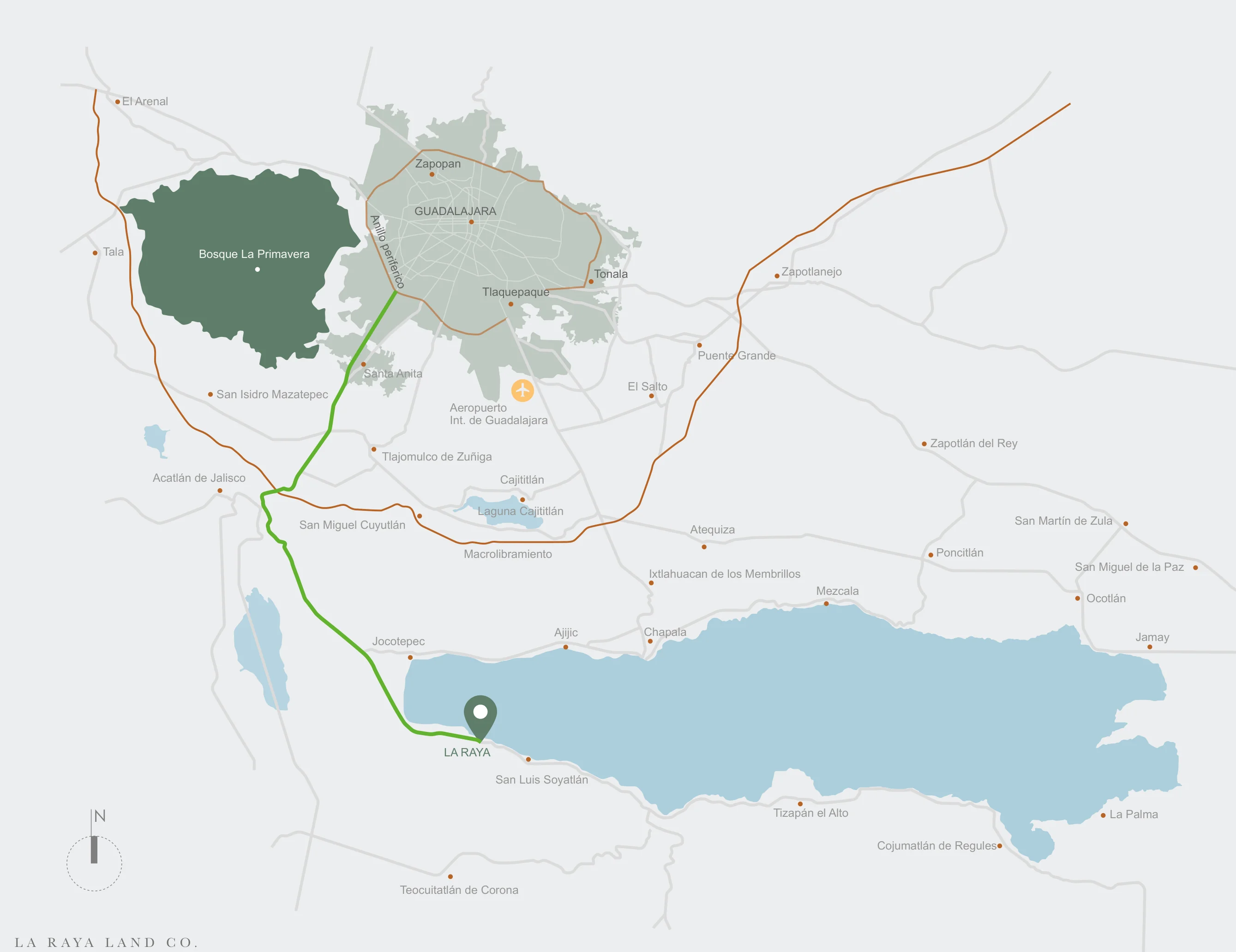 Regional map: La Raya on the south shore of Lake Chapala, connected to Guadalajara by Federal Highway 15