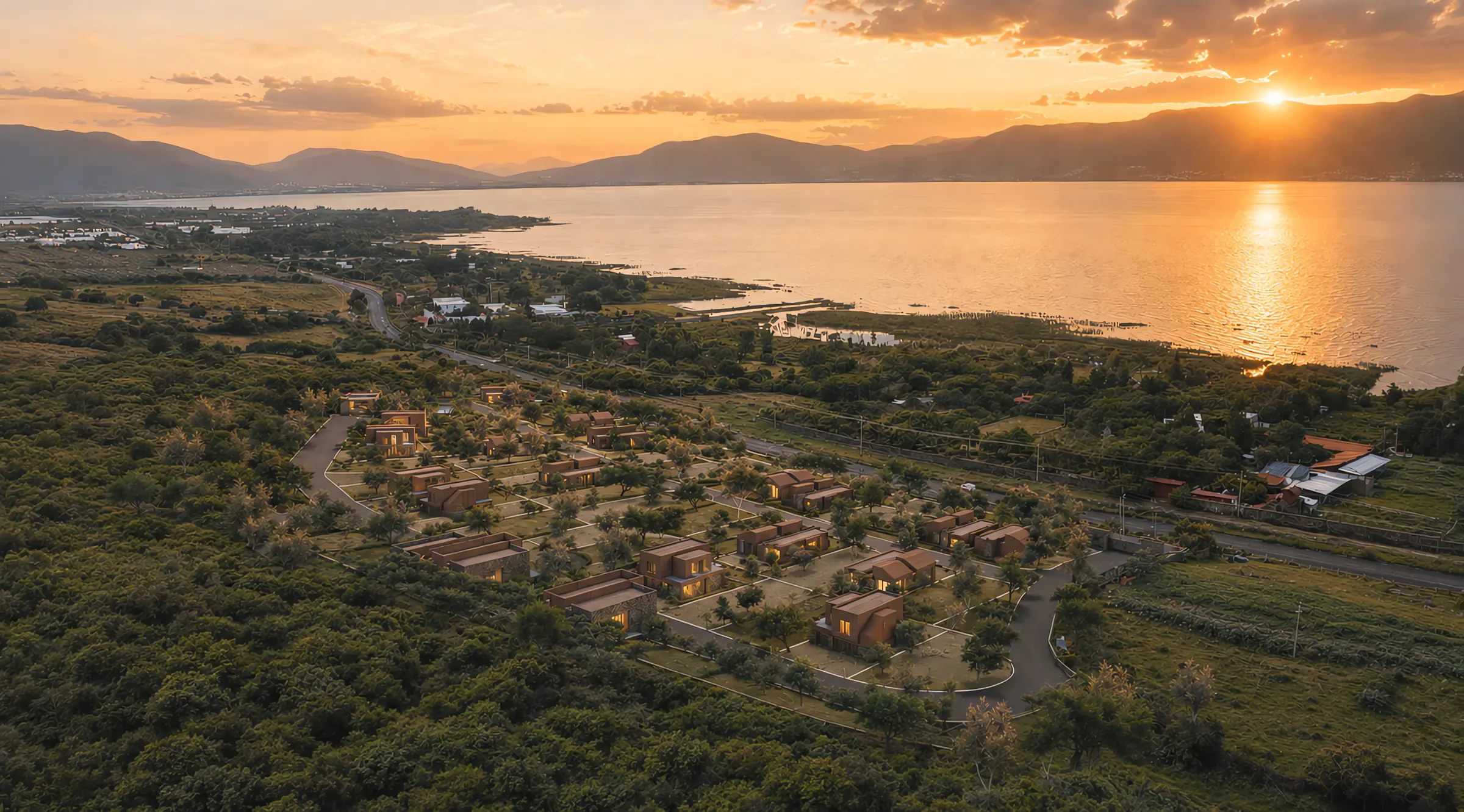 Aerial view of the project with homes built