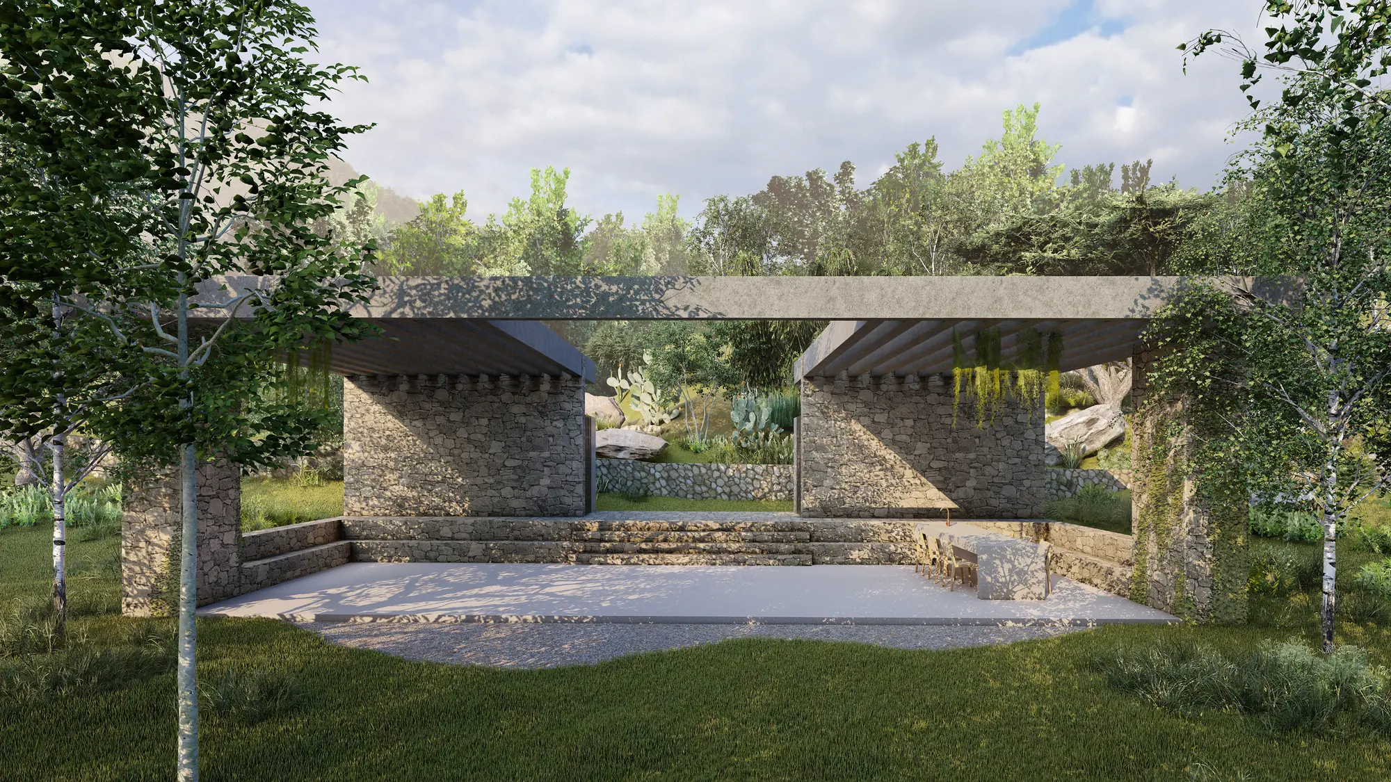 Stone meditation pavilion in the middle of the garden